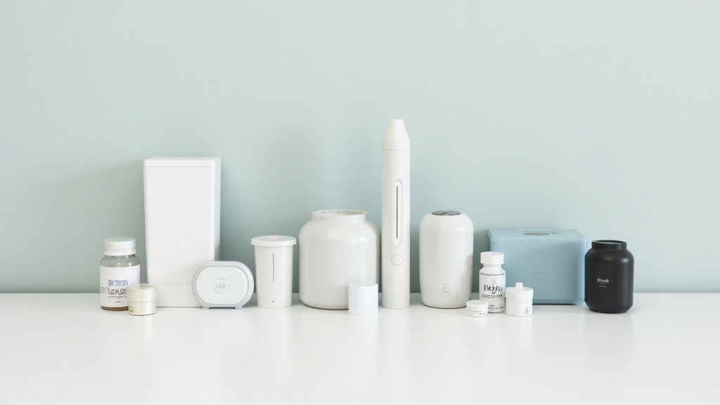 A neat array of diabetes management devices and medications on a clean countertop with a modern, minimalist style