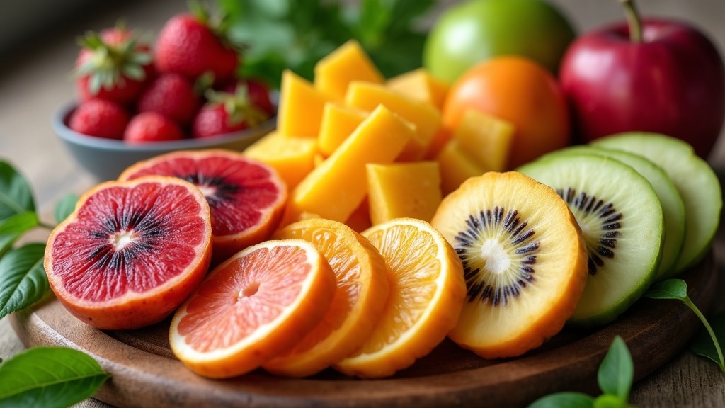 A variety of sliced, colorful low sugar fruits displayed on a wooden table with green leaves and a small bowl of berries