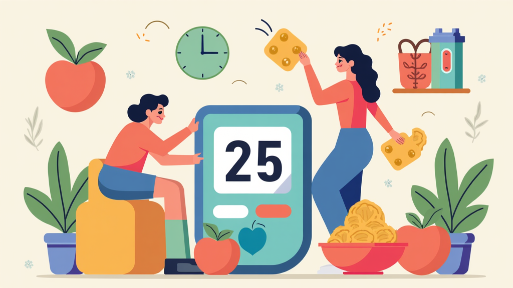 Colorful illustration of a blood glucose meter, healthy foods, and comforting surroundings symbolizing diabetes self-care and emotional support