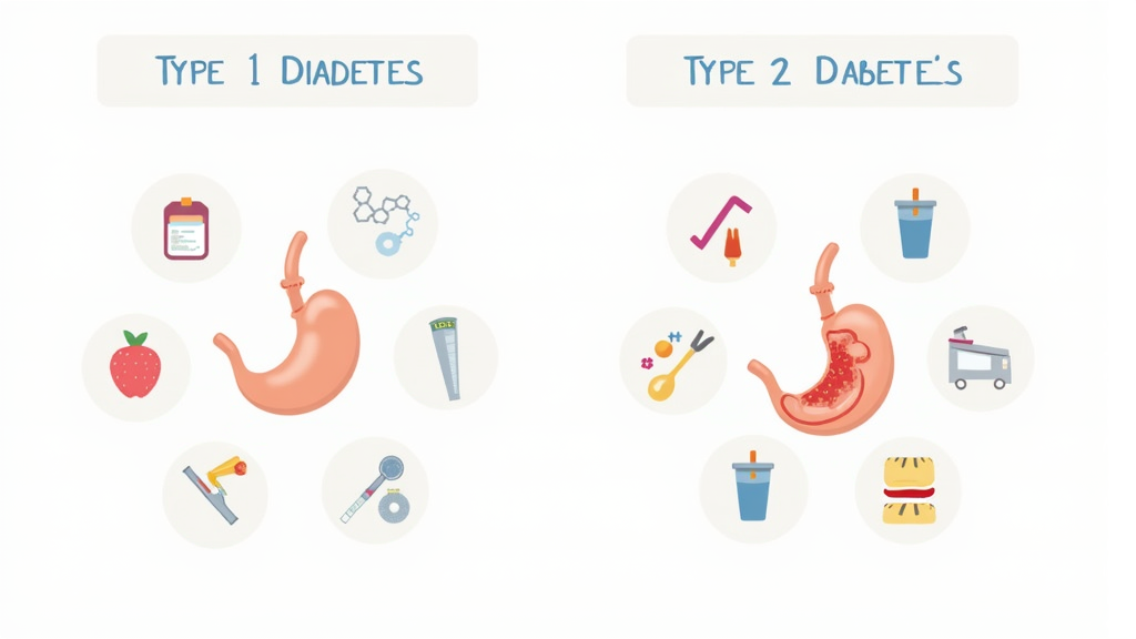 Colorful medical illustration showing differences between type 1 and type 2 diabetes with icons representing insulin, pancreas, and glucose molecules.