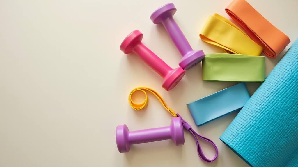 Colorful workout equipment, such as resistance bands and dumbbells, on a neutral background.