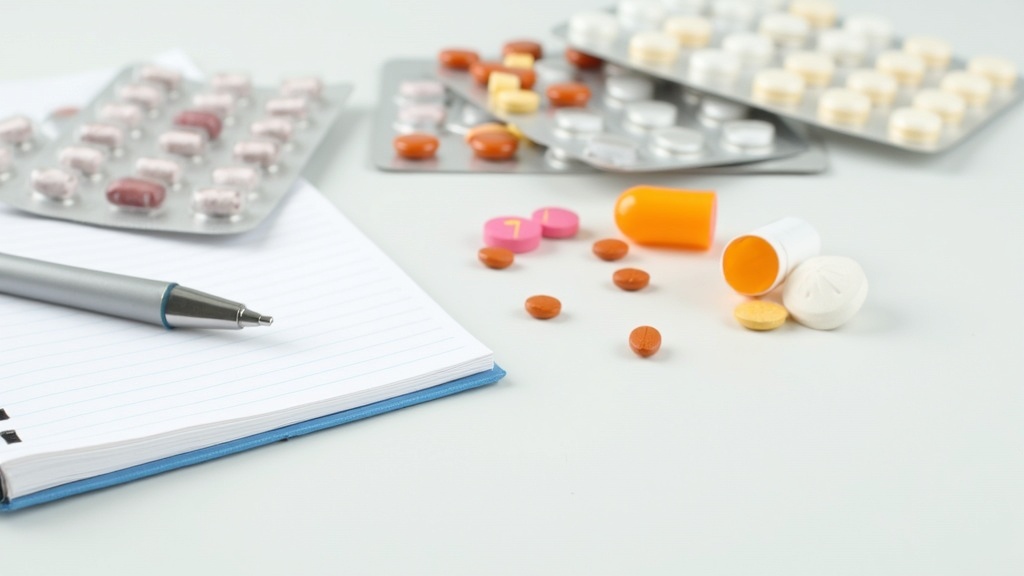 A colorful array of diabetes medication tablets, pills, and blister packs on a clean, neutral background with a notepad and pen beside them.