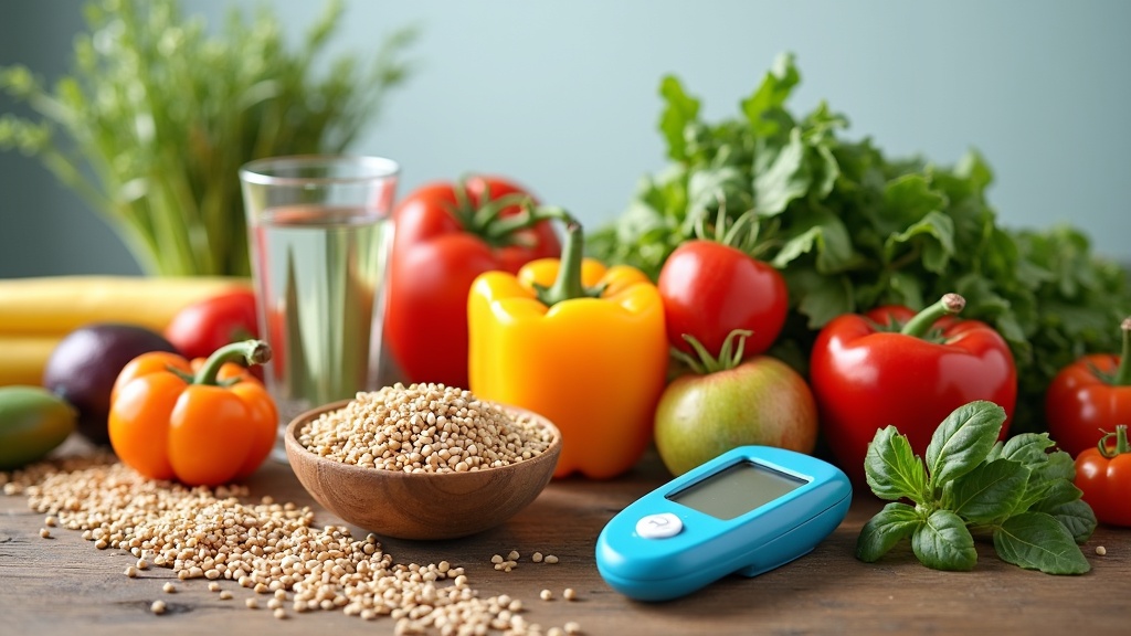 Assorted healthy foods, a glucose meter, and a glass of water on a rustic table. Lots of color and natural light.