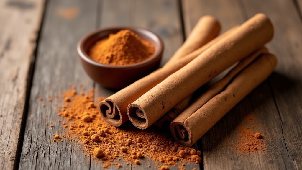 Cinnamon sticks and powder with a wooden spoon on a rustic background
