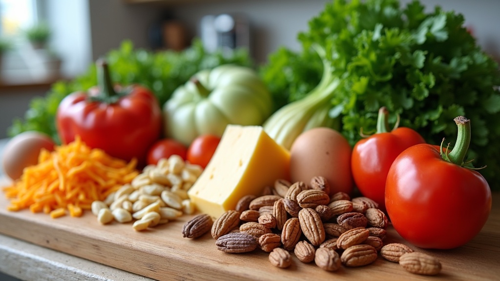 Colorful assortment of low carb vegetables, eggs, nuts, and cheese laid out on a kitchen countertop.