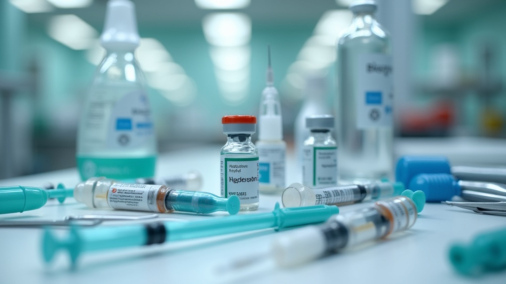 A collection of diabetes injectable medications and vials on a clinical table among medical tools, without any human presence.
