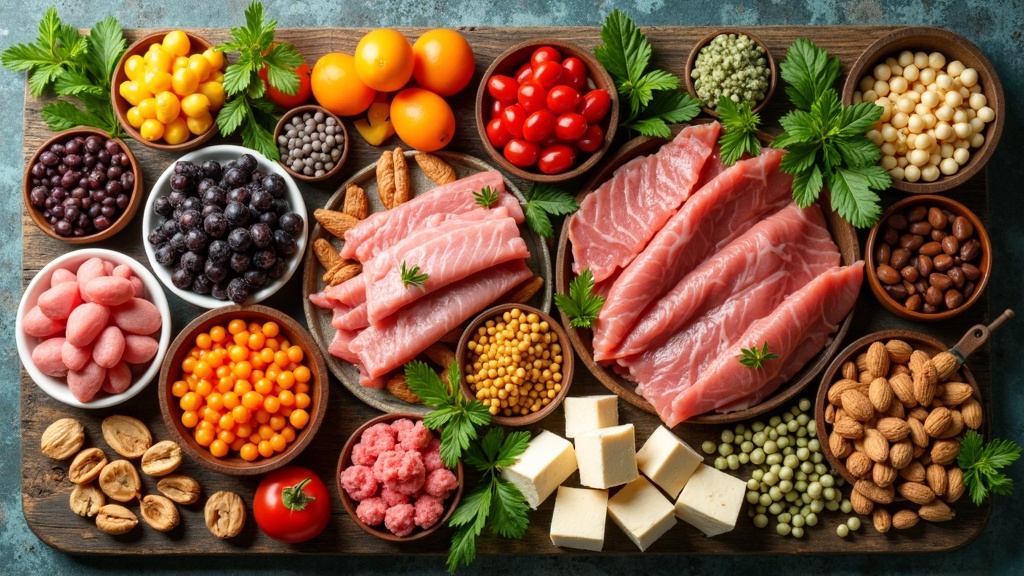 A colorful assortment of protein-rich foods including legumes, eggs, lean meats, fish, tofu, and nuts arranged on a rustic table. 