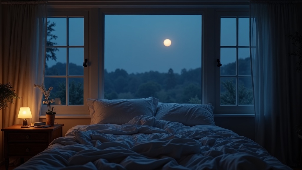 A peaceful bedroom at night with gentle moonlight and cozy bedding, showing an ideal sleep environment