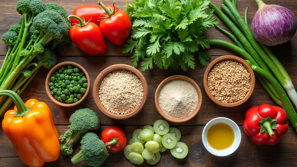 Colorful flat lay of fresh vegetables, whole grains, healthy oils and herbs for a balanced diet.