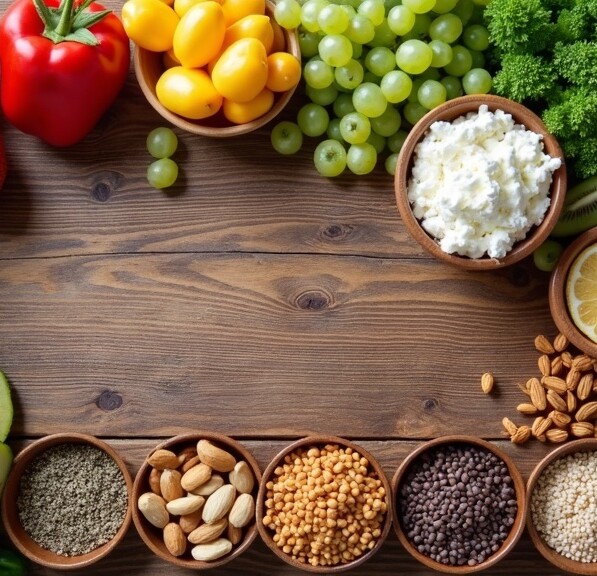 Selection of healthy snacks for diabetics, including fresh vegetables, nuts, seeds, and yogurt arranged on a wooden board.