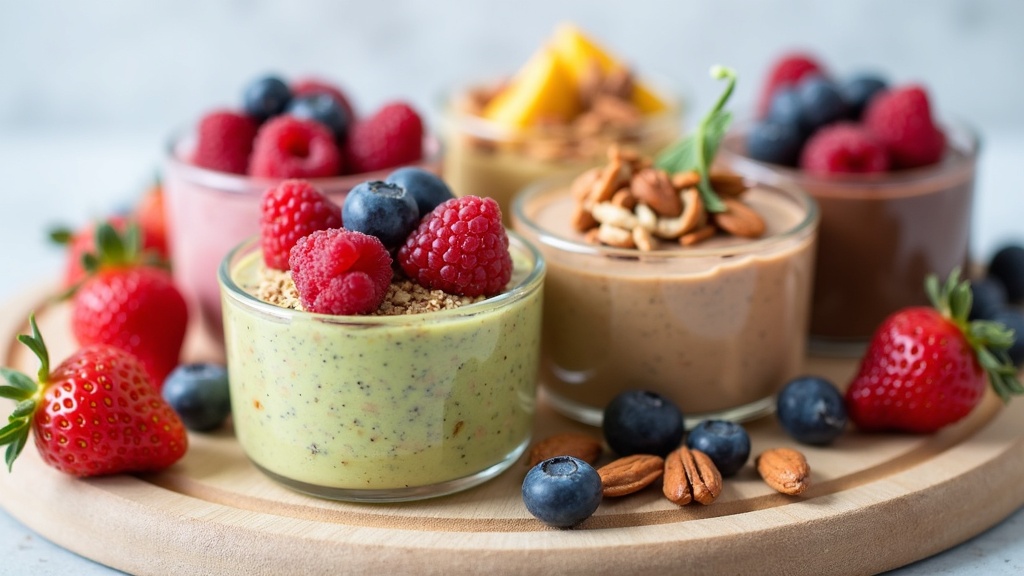 A colorful display of various sugar-free desserts including berry parfaits, chocolate avocado mousse, and chia seed puddings surrounded by fresh fruits and nuts