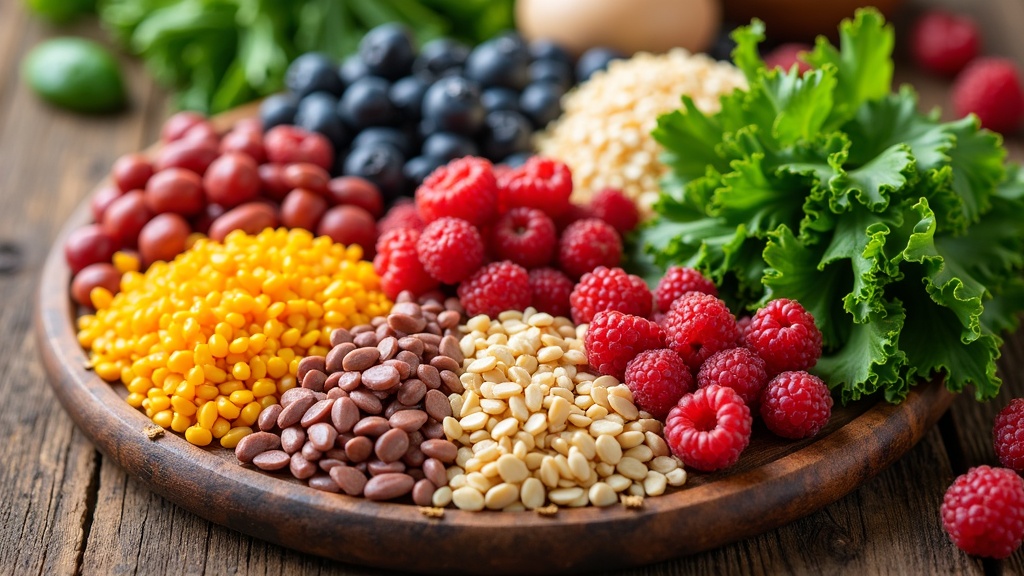 A colorful spread of high-fiber foods like beans, berries, whole grains, and leafy greens on a wooden table.